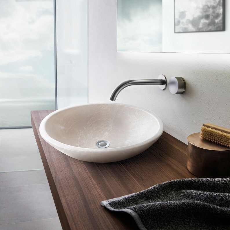 Botticino Marble Natural Stone Oval Shape Above Vanity Vessel Sink Honed (W)16" (L)20.5" (H)6" From Villohome