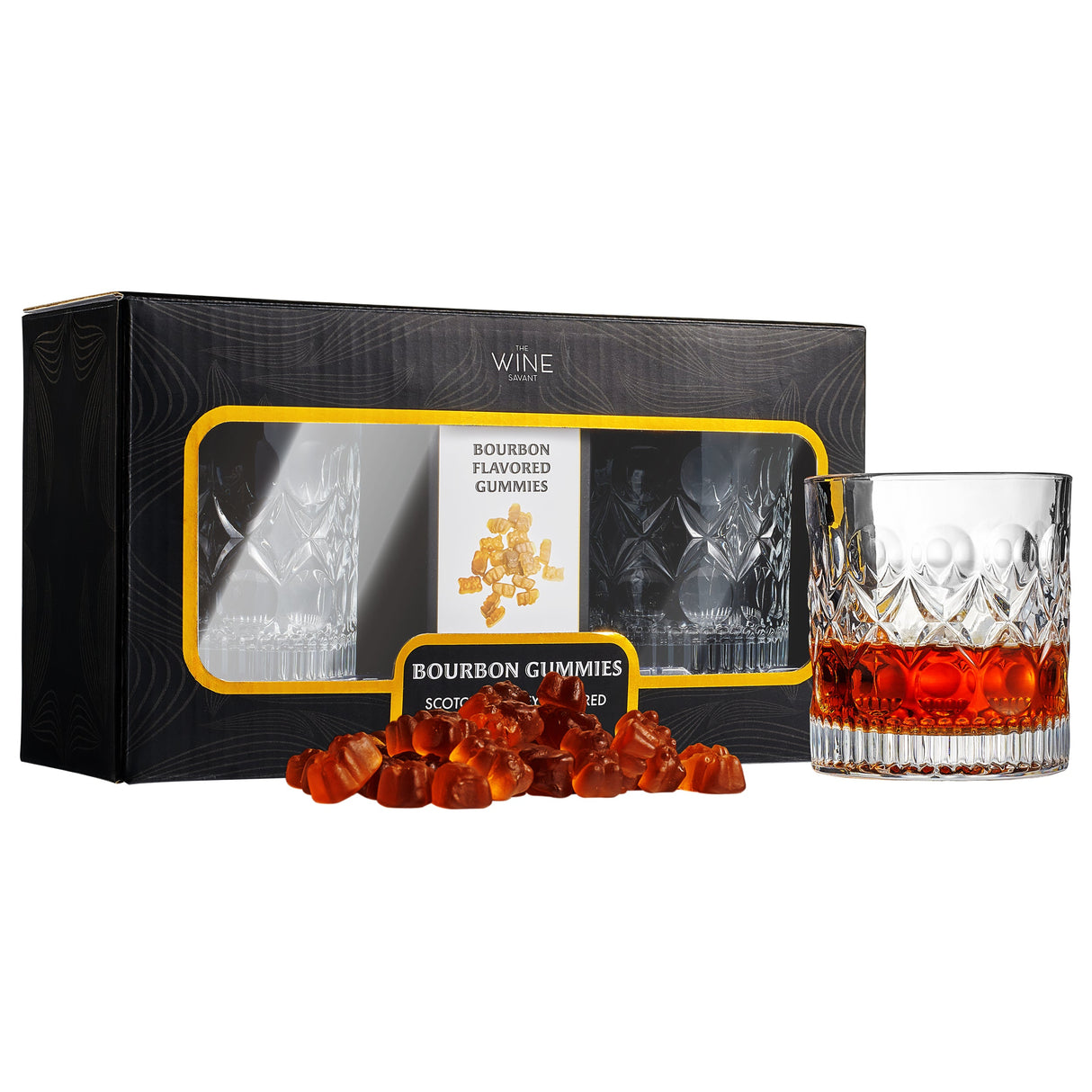Bourbon Gummy Gift Set & Two Whiskey Glasses - Includes Bourbon Flavored Candy Bears & 2 Crystal Lowball Glassware - Gift for Whisky, Scotch Lovers, Him, Dad, or Husband, Tasting Set for Holiday from The Wine Savant