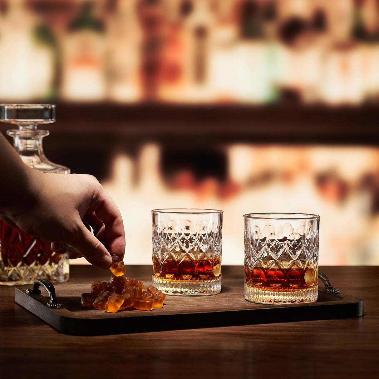 Bourbon Gummy Gift Set & Two Whiskey Glasses - Includes Bourbon Flavored Candy Bears & 2 Crystal Lowball Glassware - Gift for Whisky, Scotch Lovers, Him, Dad, or Husband, Tasting Set for Holiday from The Wine Savant