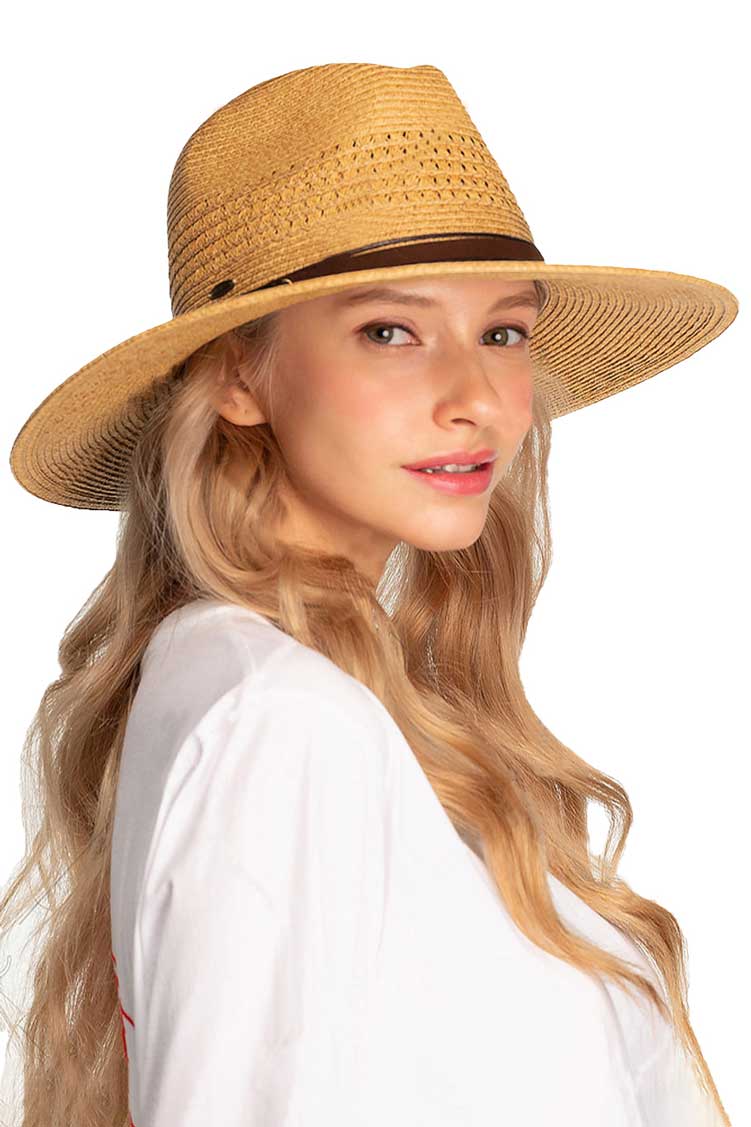 C.C Faux Leather String Paper Straw Panama Hat from Madeline Love