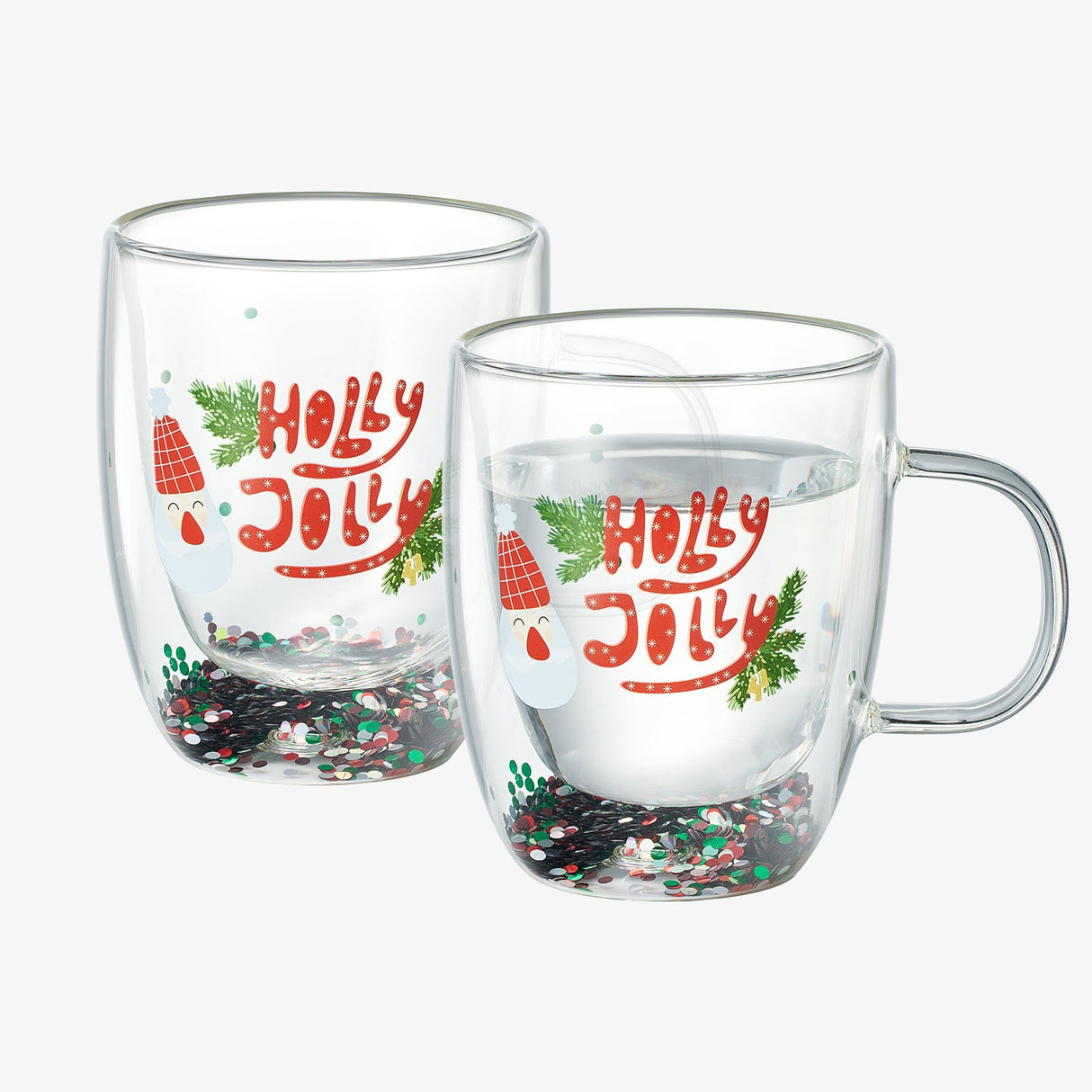 Christmas Glass Coffee Mug Set of 2 Mugs - Holly Jolly Tree Double Wall Insulated Cups Holidays 10oz Glassware Handle Gifts, Confetti Snowflake Glassware Tea, Milk, Beverage, Juice, Water Holiday Gift from The Wine Savant