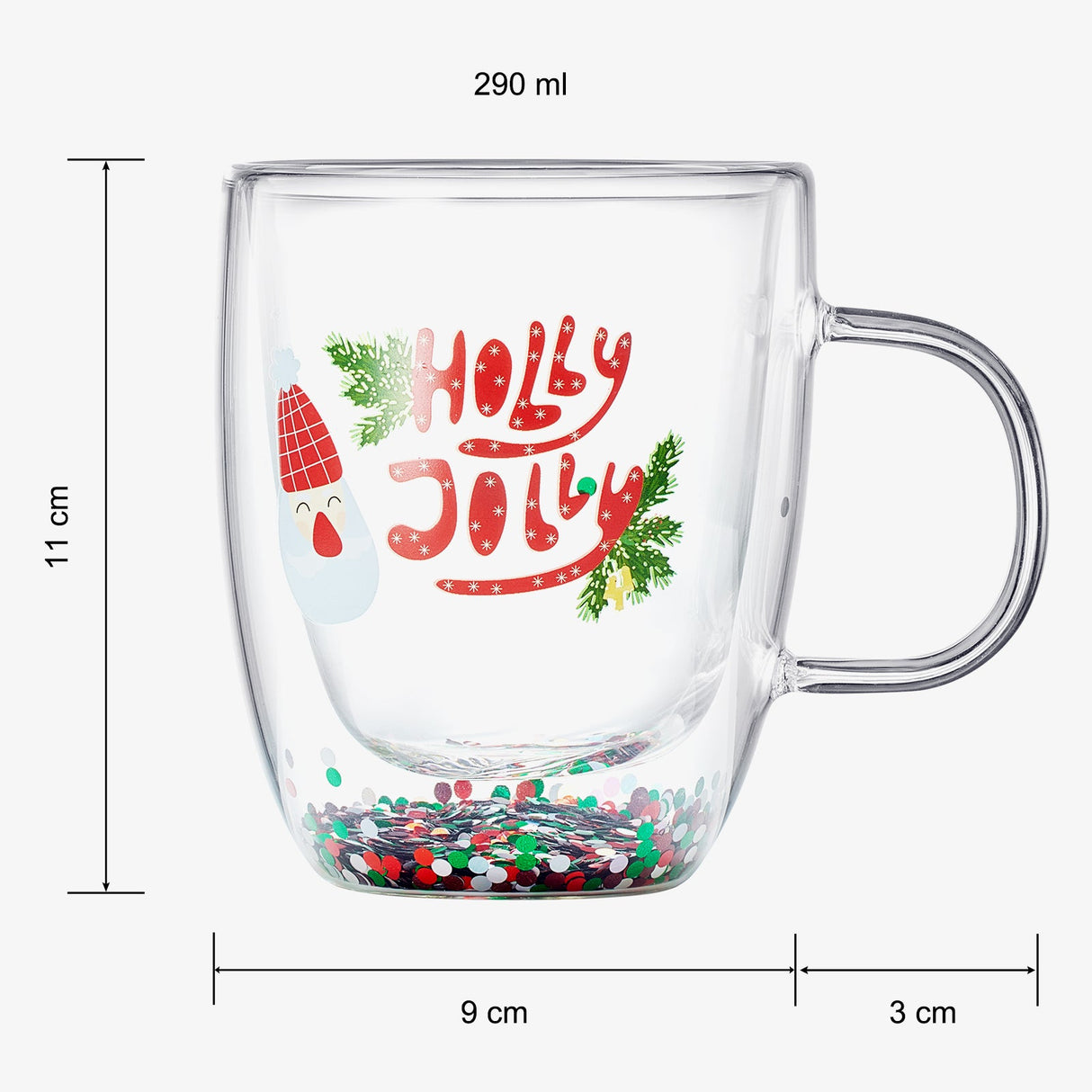 Christmas Glass Coffee Mug Set of 2 Mugs - Holly Jolly Tree Double Wall Insulated Cups Holidays 10oz Glassware Handle Gifts, Confetti Snowflake Glassware Tea, Milk, Beverage, Juice, Water Holiday Gift from The Wine Savant