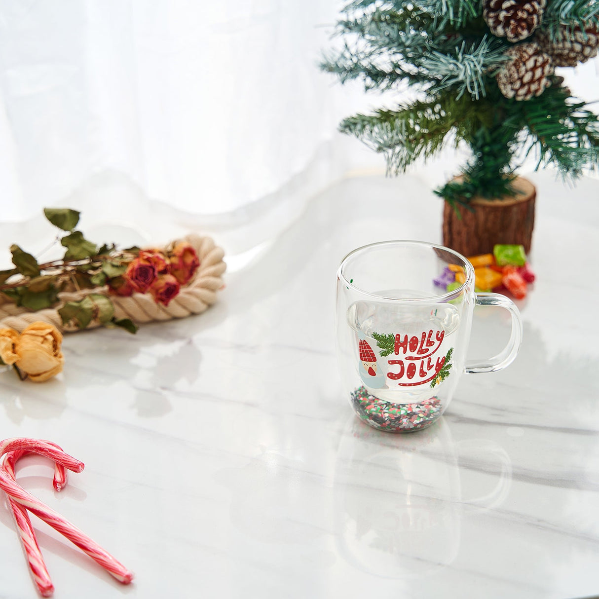Christmas Glass Coffee Mug Set of 2 Mugs - Holly Jolly Tree Double Wall Insulated Cups Holidays 10oz Glassware Handle Gifts, Confetti Snowflake Glassware Tea, Milk, Beverage, Juice, Water Holiday Gift from The Wine Savant