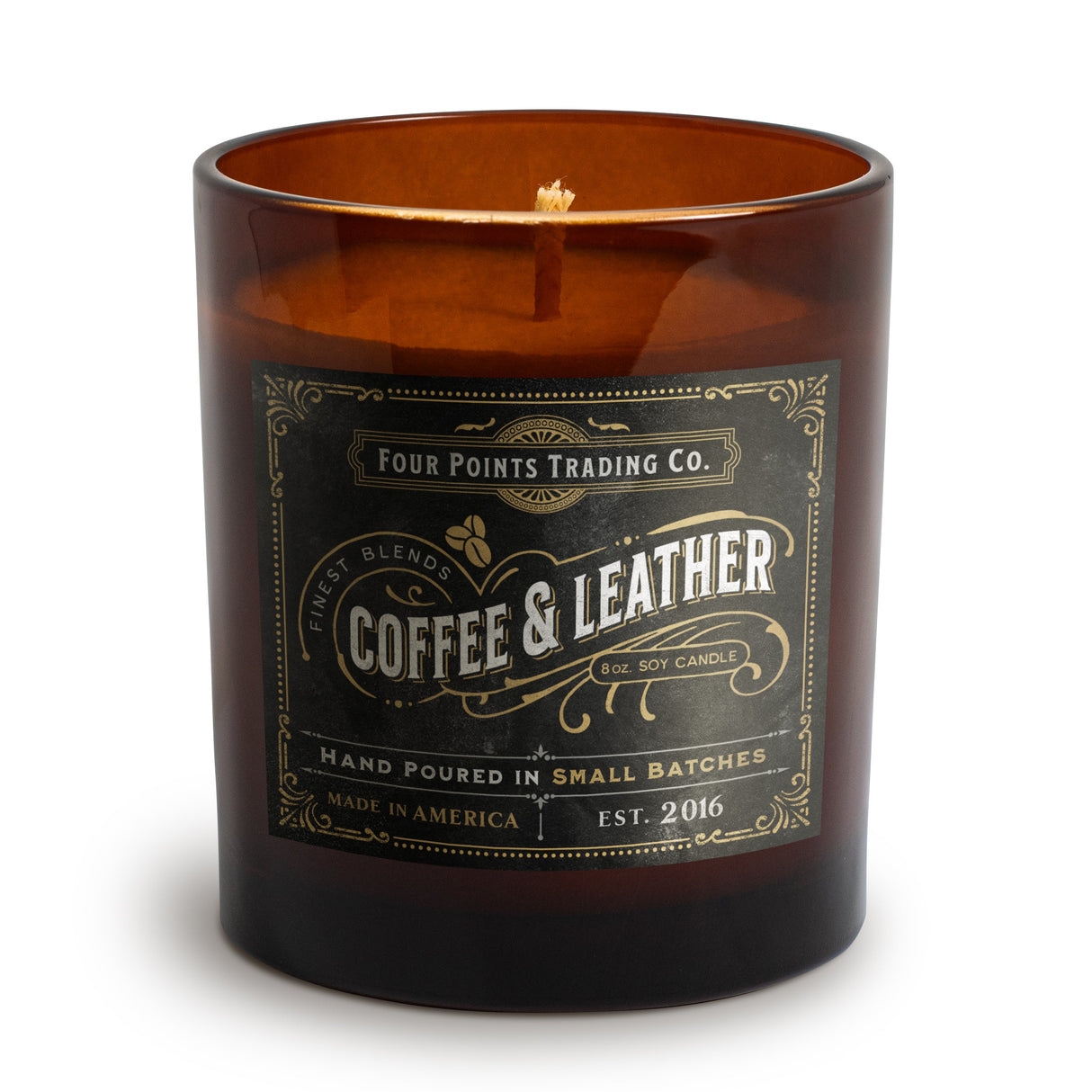 Coffee and Leather 8oz Soy Candle from Four Points Trading Co.