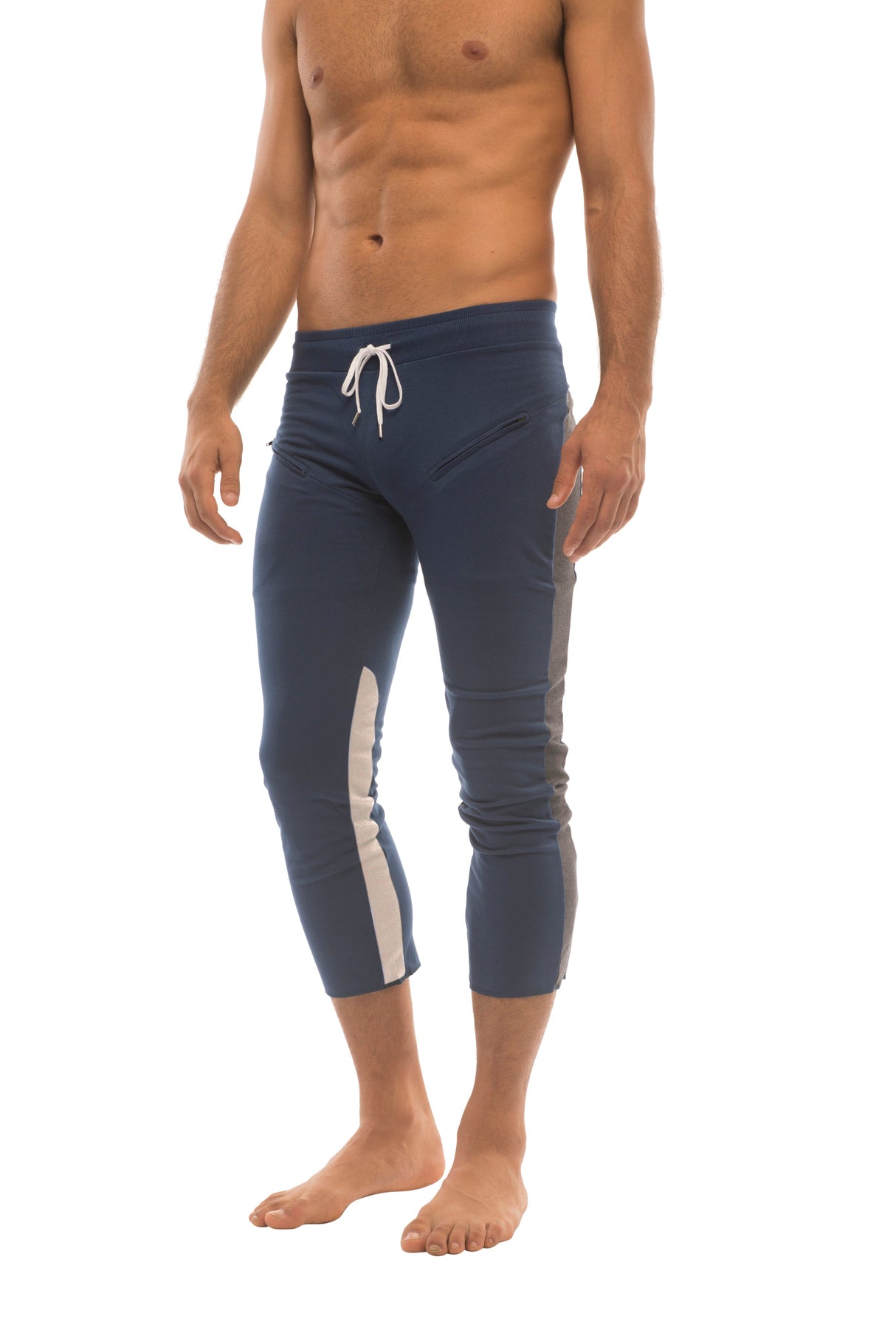 Mens 4/5 Zipper Pocket Capri Yoga Pants (Royal w/Charcoal & GREY) from 4-rth