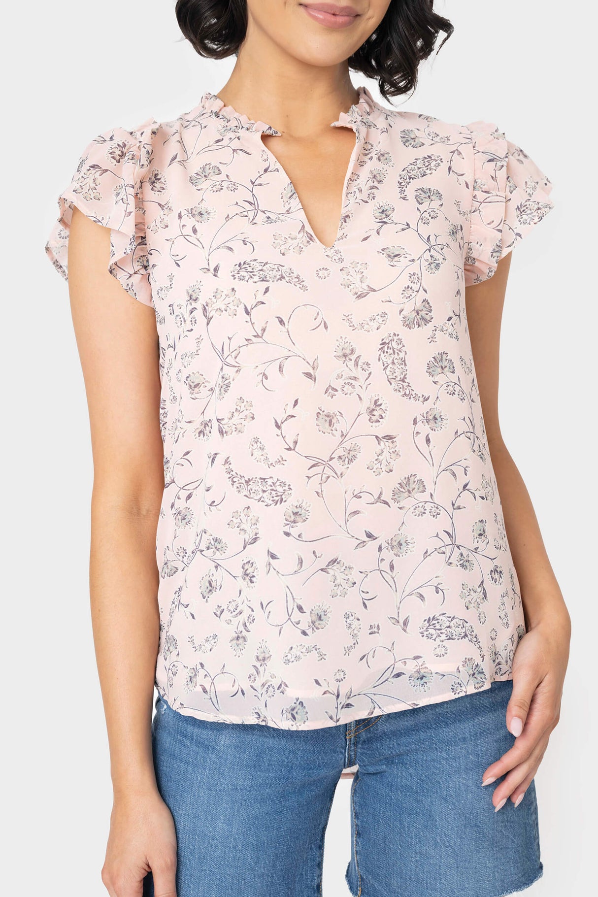Split Neck Flutter Sleeve Blouse from Gibsonlook