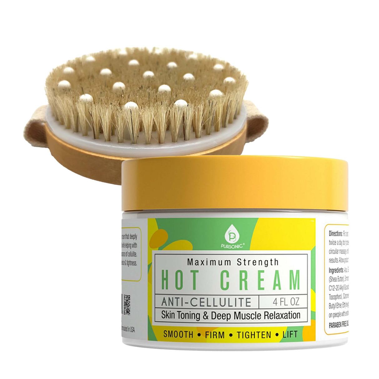 Pursonic Anti Cellulite & Muscle Relaxation Hot Cream with Bath Brush and Rubber Massager - Lotus Wooden Handle from Pursonic
