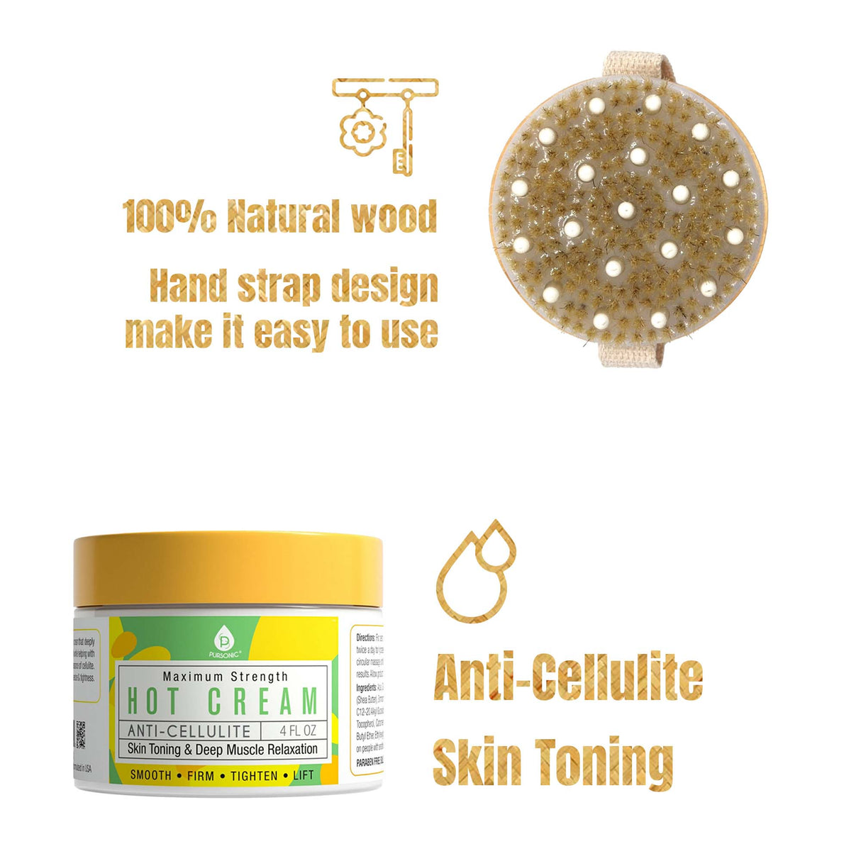 Pursonic Anti Cellulite & Muscle Relaxation Hot Cream with Bath Brush and Rubber Massager - Lotus Wooden Handle from Pursonic
