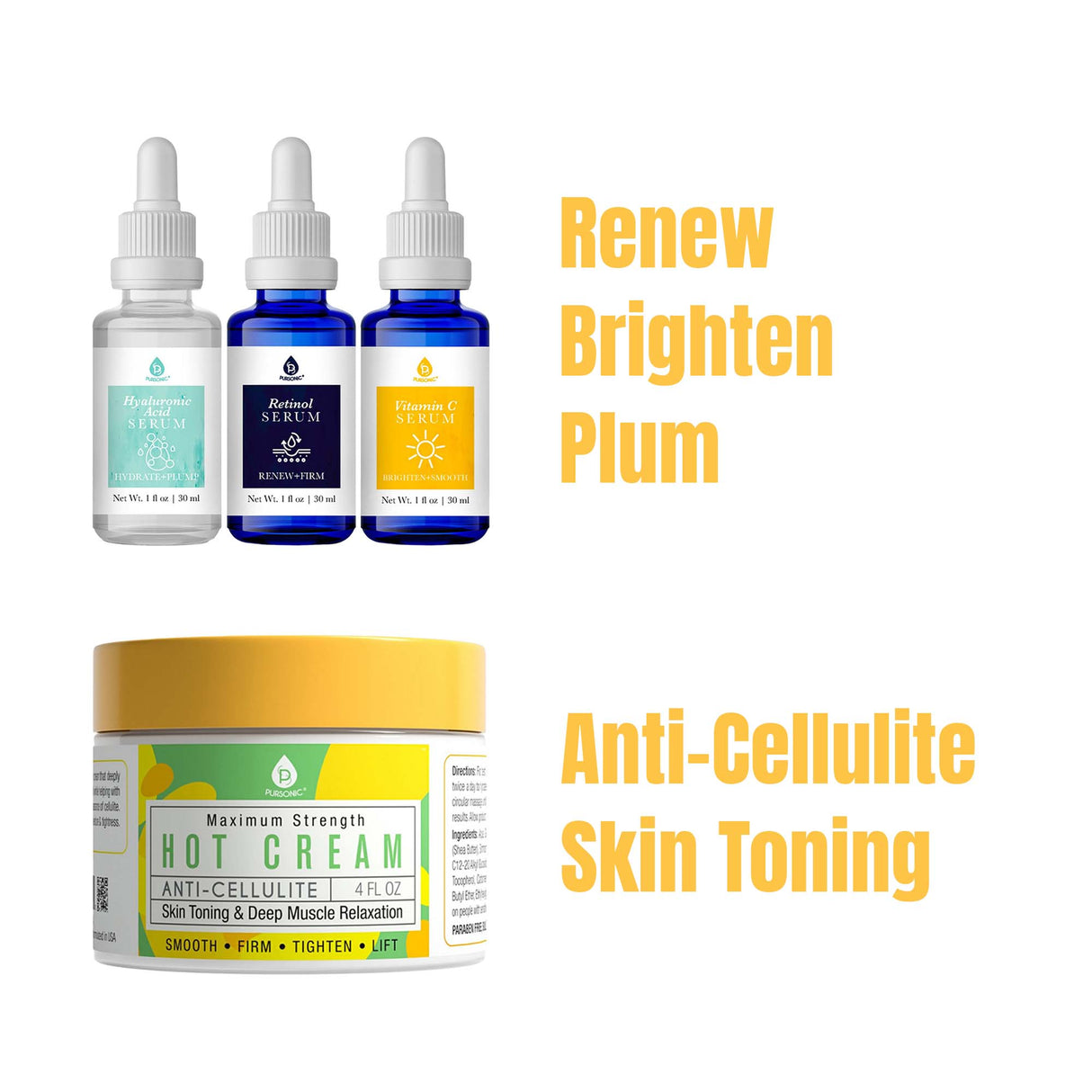 Ultimate Skin Care Duo: Anti Cellulite & Muscle Relaxation Hot Cream + Anti-Aging Serum Set from Pursonic