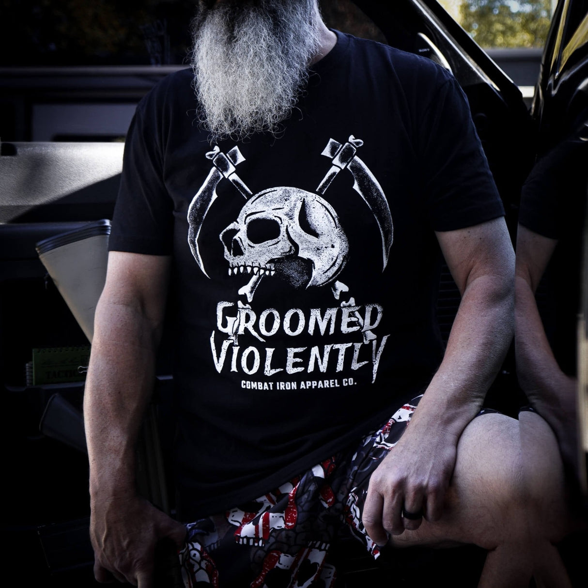 Groomed Violently Skull Men's T-Shirt From Combat Iron Apparel