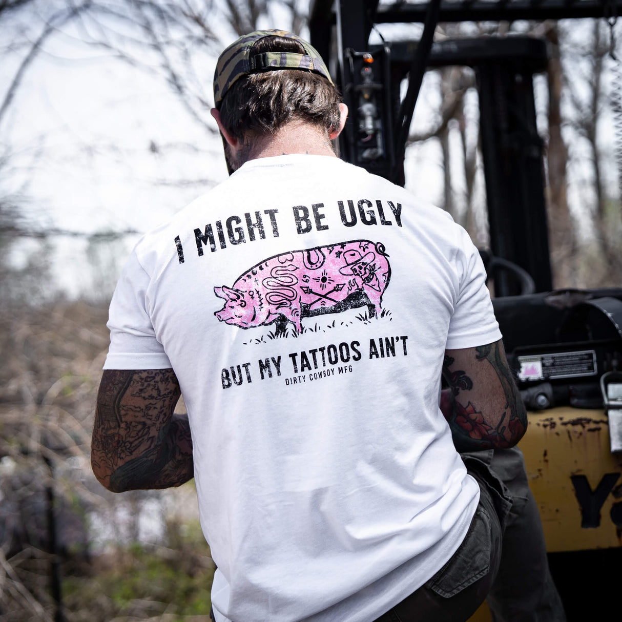 I Might Be Ugly but My Tattoos Ain't Pig Men's T-Shirt From Combat Iron Apparel