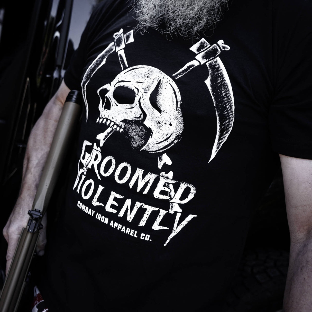 Groomed Violently Skull Men's T-Shirt From Combat Iron Apparel