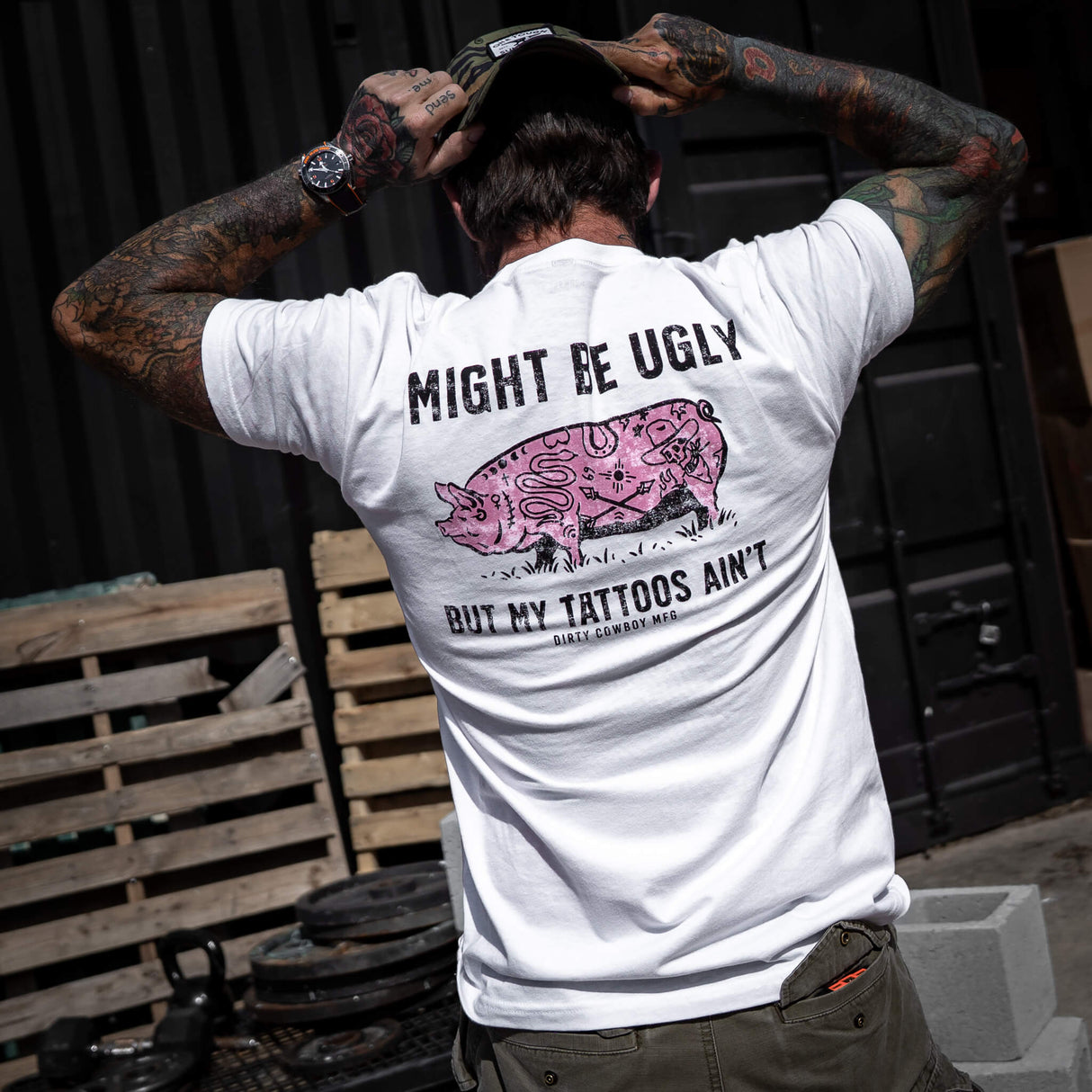 I Might Be Ugly but My Tattoos Ain't Pig Men's T-Shirt From Combat Iron Apparel