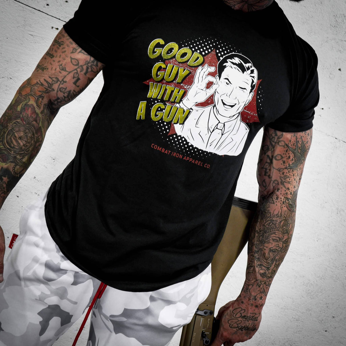 Good Guy With A Gun Comic Men's T-Shirt From Combat Iron Apparel