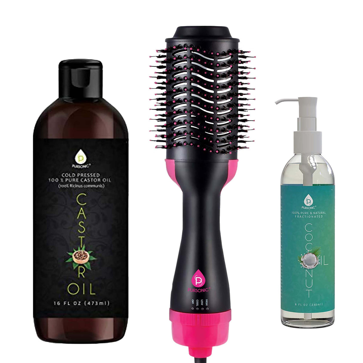 Hair Strengthening Bundle: Pursonic Fractionated Coconut Oil, One-Step Hair Dryer & Volumizer Brush, and Cold-Pressed Castor Oil from Pursonic