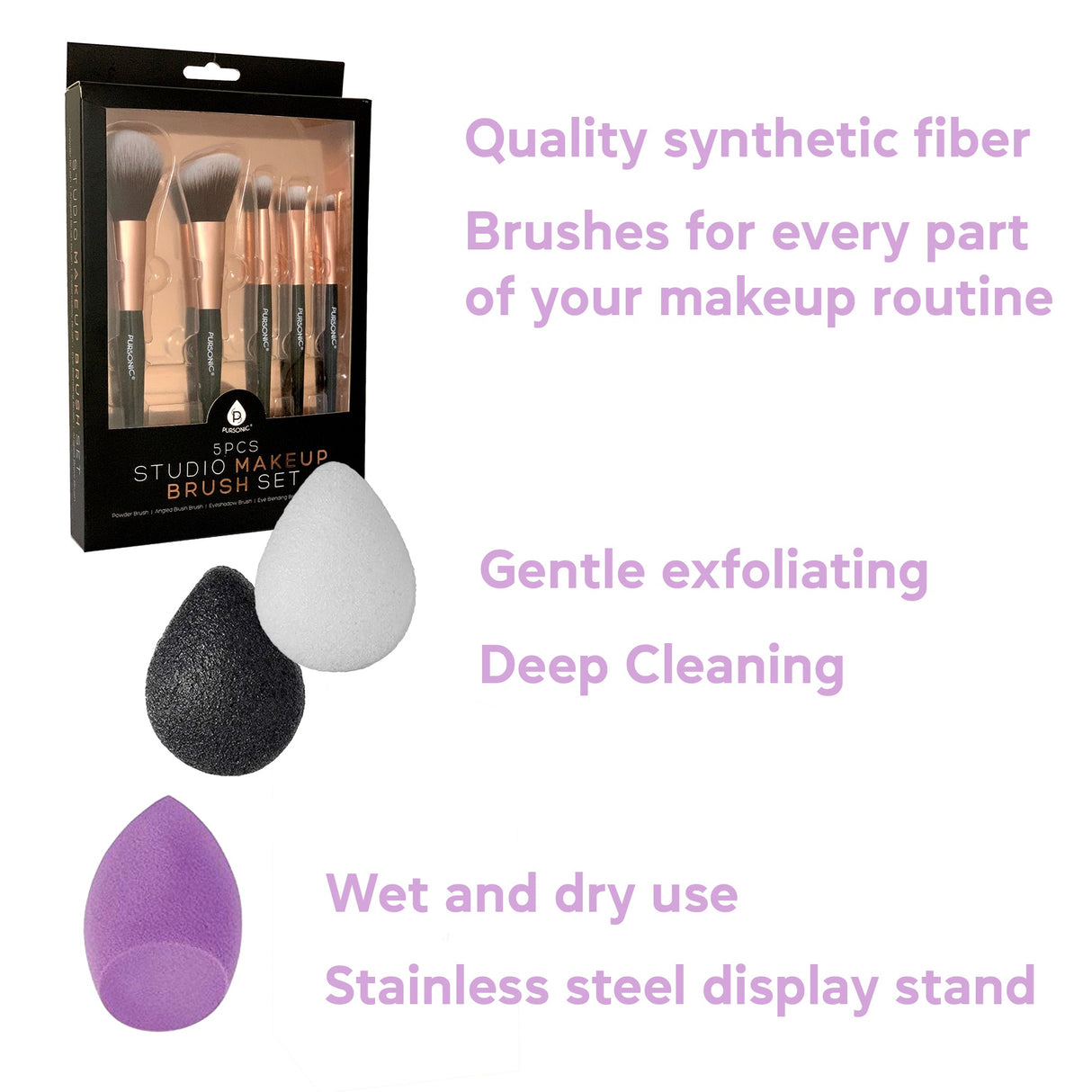 Beauty Essentials Bundle: Facial Makeup Blender Sponge + Natural Facial Konjac Sponge Duo Set(3 pack) + 5 Pcs Studio Makeup Brush Set (Black) from Pursonic