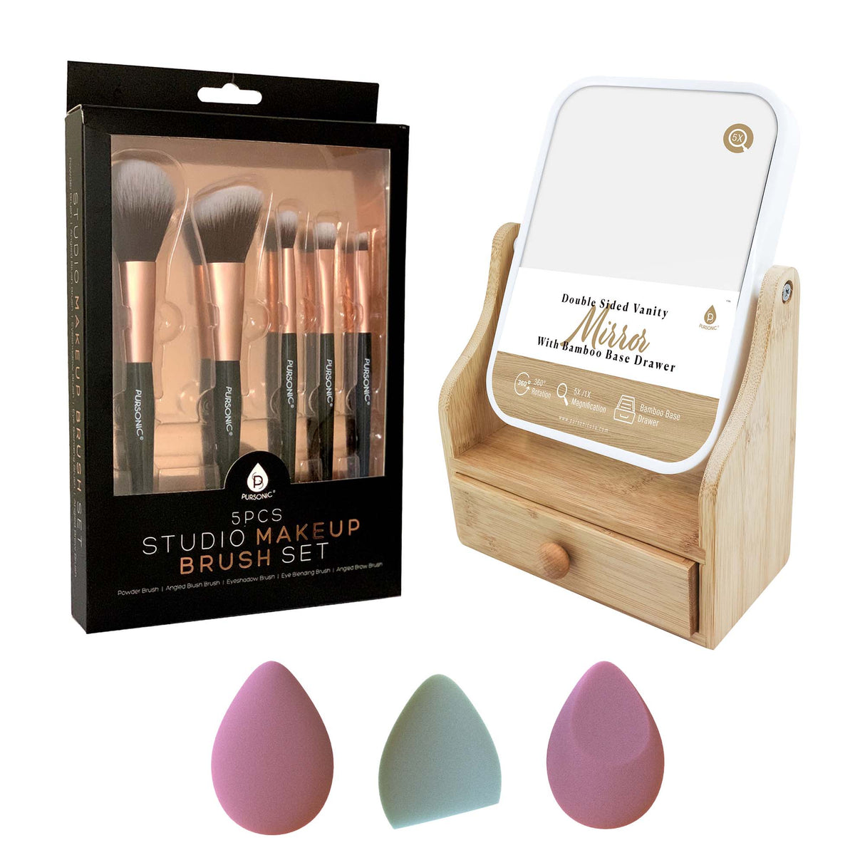 Pursonic Beauty Essentials Set – Studio Makeup Brush Set, Multi-Shape Sponges, and Dual-Sided Vanity Mirror with Bamboo Base from Pursonic