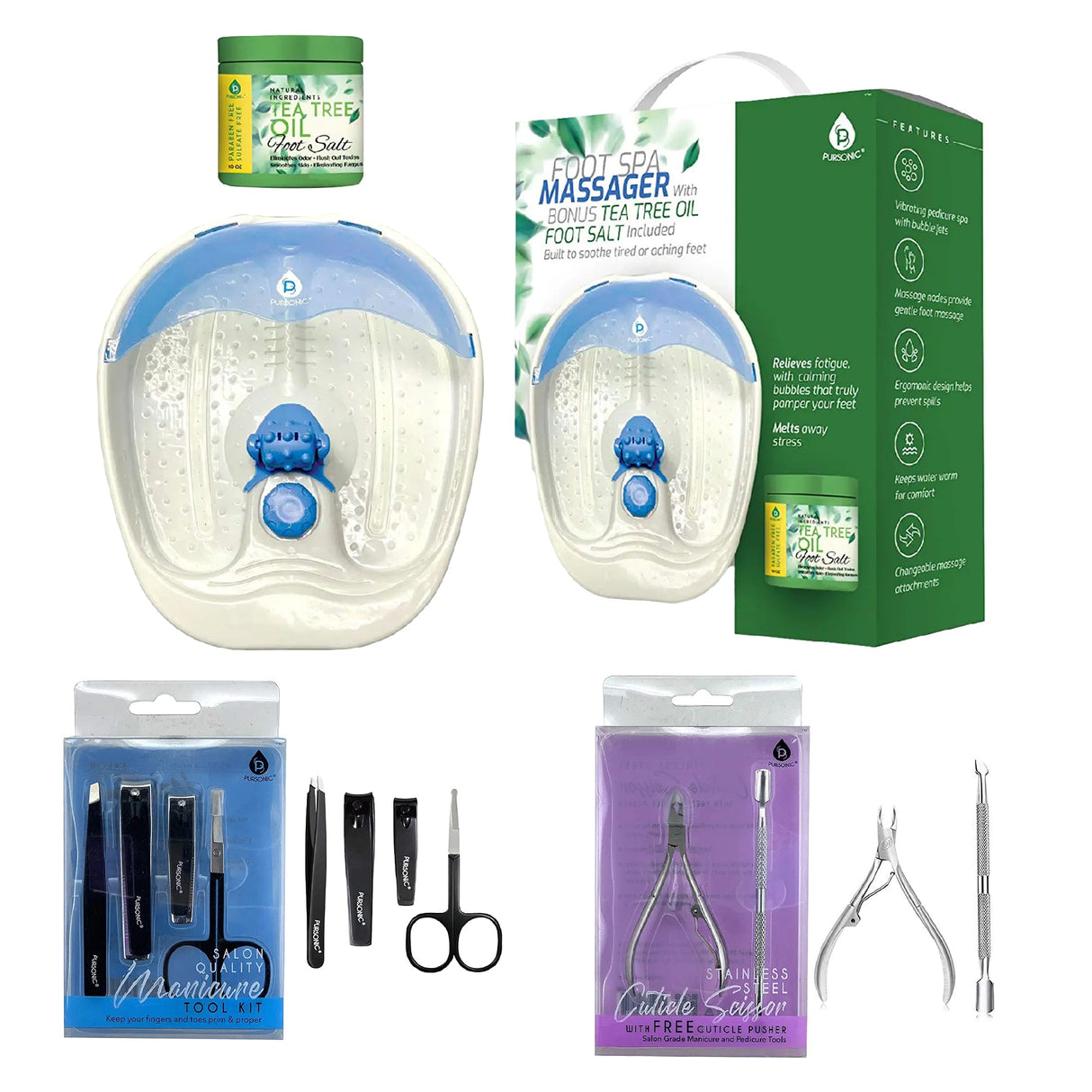 Ultimate Home Spa and Grooming Bundle (Foot Spa Massager + Salon Quality Manicure Tool Kit + Precision Perfection Bundle) from Pursonic