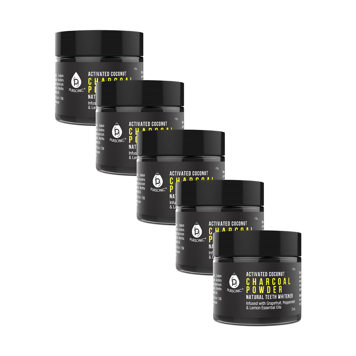 Pursonic Teeth Whitening Charcoal Powder Natural 5-Pack - Infused With Grapefruit, Peppermint & Lemon Essential Oils - 2oz Each from Pursonic