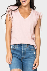 Rouched Sleeve Luxe V-Neck Tee from Gibsonlook
