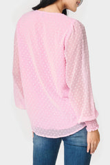 Pin Dot Smocked Detail V-Neck Blouse from Gibsonlook