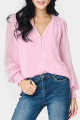 Pin Dot Smocked Detail V-Neck Blouse from Gibsonlook