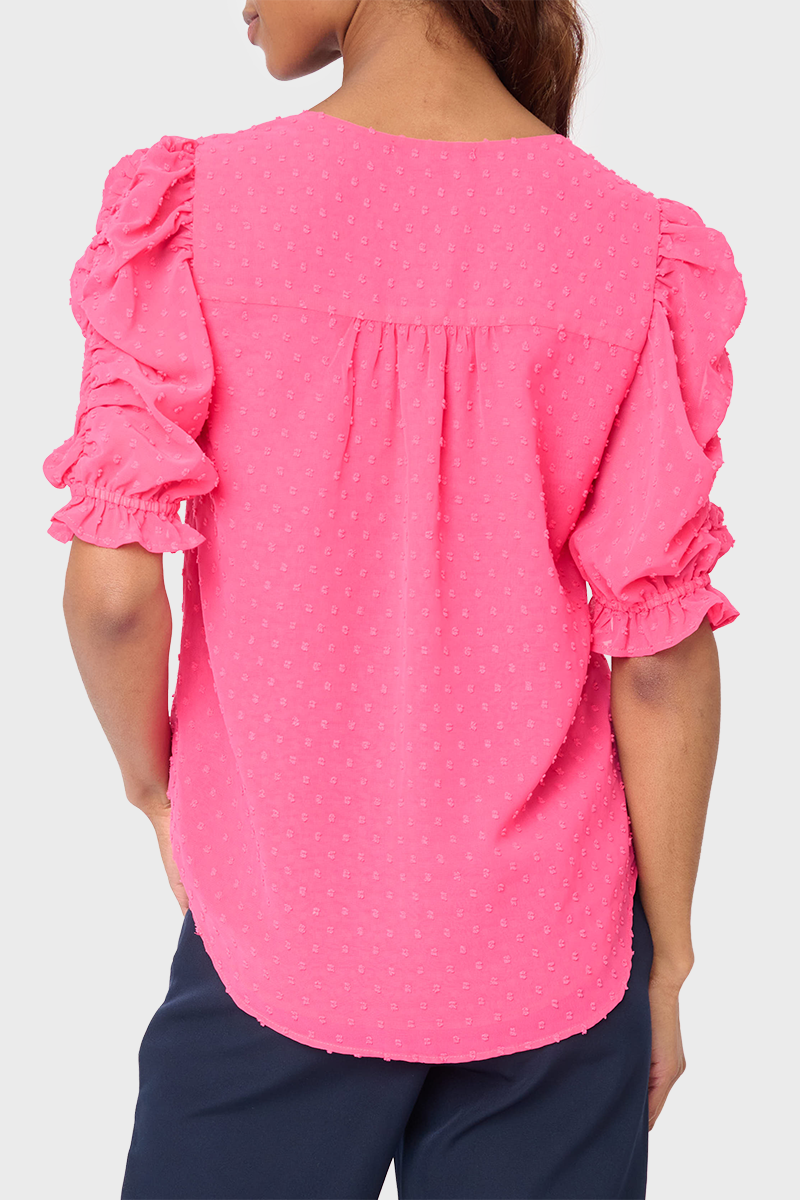 Rouched Sleeve Swiss Dot V-neck Blouse from Gibsonlook
