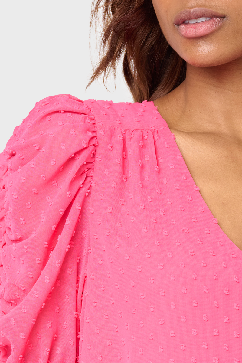 Rouched Sleeve Swiss Dot V-neck Blouse from Gibsonlook