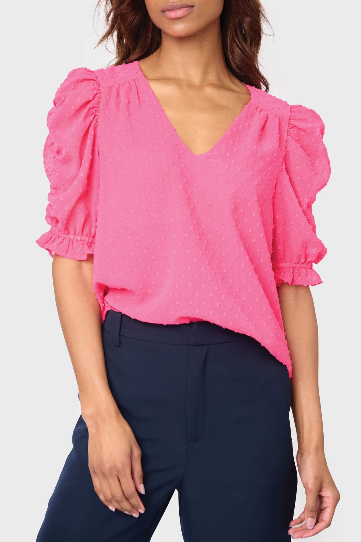 Rouched Sleeve Swiss Dot V-neck Blouse from Gibsonlook