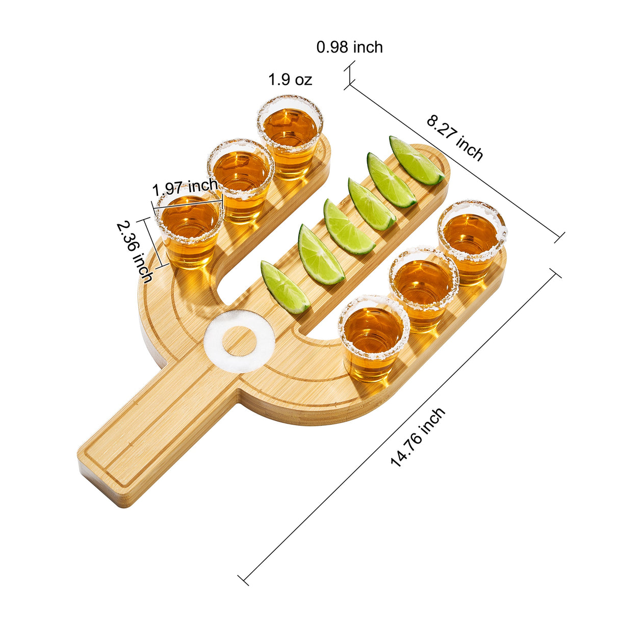 Cactus Tequila Tray & Shot Glasses Set - Tequila Gifts & Mexican Gifts - Bamboo Shot Glass Holder Serving Tray - Flight Board with Lemon Bowl, Salt Rimmer & Shot Glass Set - Party Shot Board, Gift from The Wine Savant