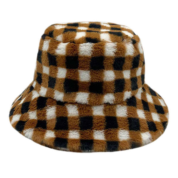 Checkered Faux Fur Bucket Hat from Madeline Love