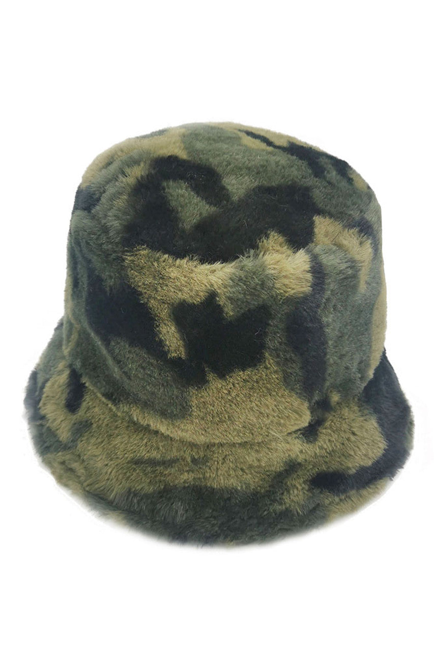 Camouflage Faux Fur Bucket Hat from Madeline Love