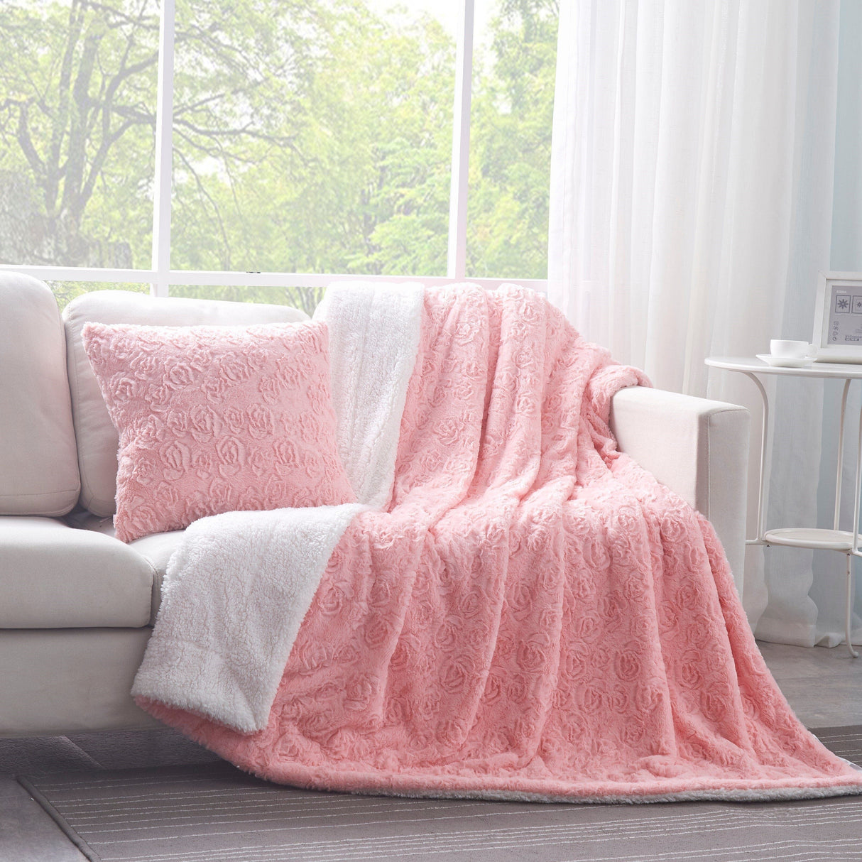 DaDa Bedding Rosey Pastel Blossom Pink Faux Fur Euro Throw Pillow Cover (171752) from DaDalogy Bedding Collection