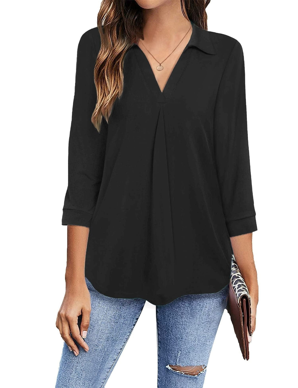 3/4 Sleeve Collared V Neck Tunic Top from MsDressly