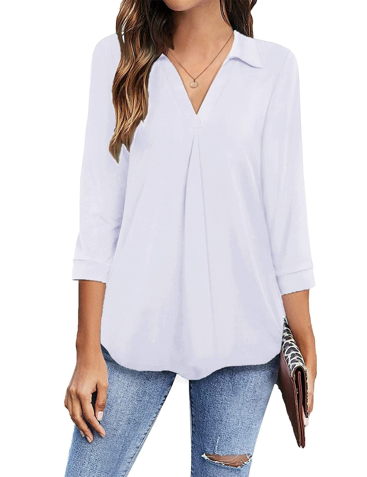 3/4 Sleeve Collared V Neck Tunic Top from MsDressly