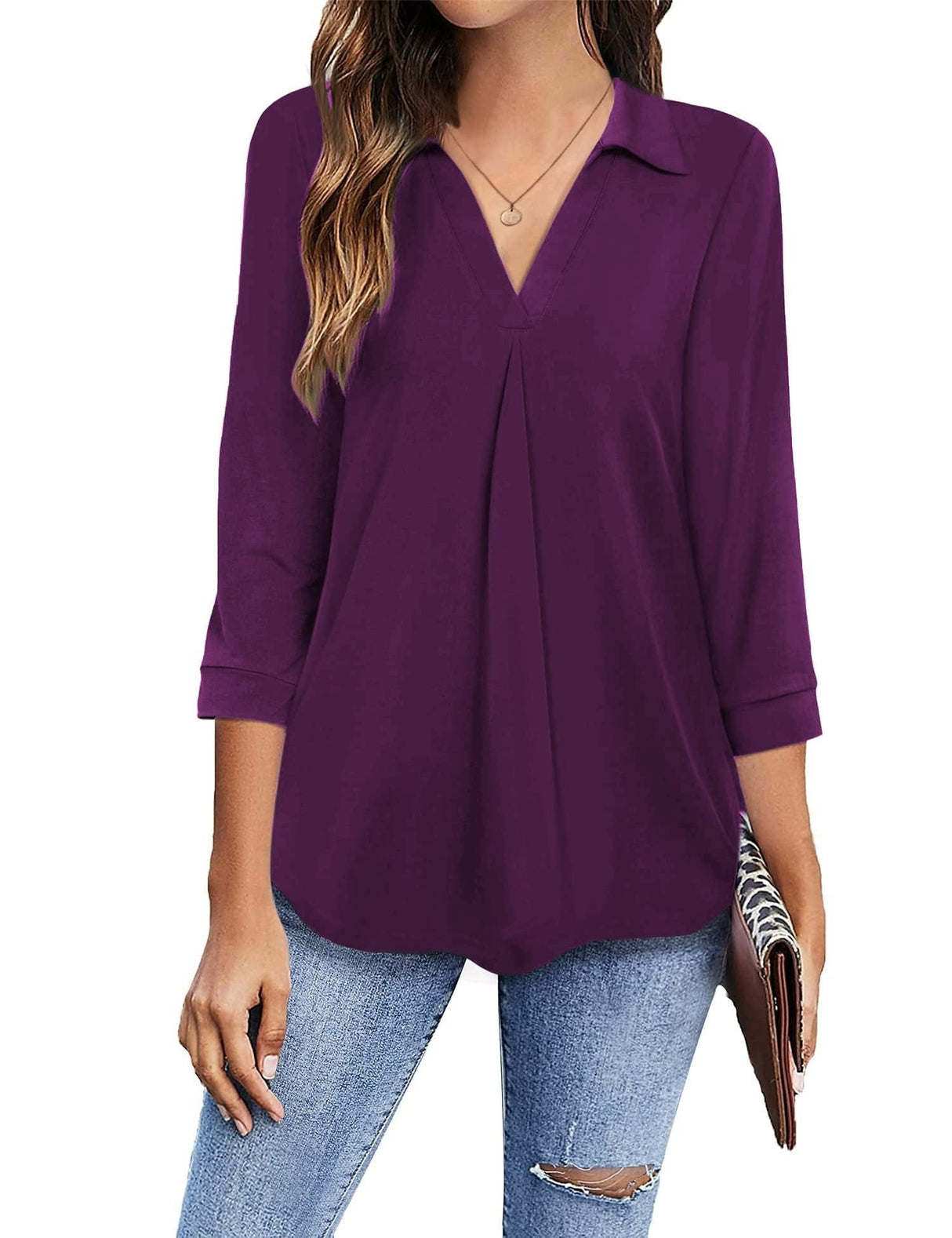 3/4 Sleeve Collared V Neck Tunic Top from MsDressly