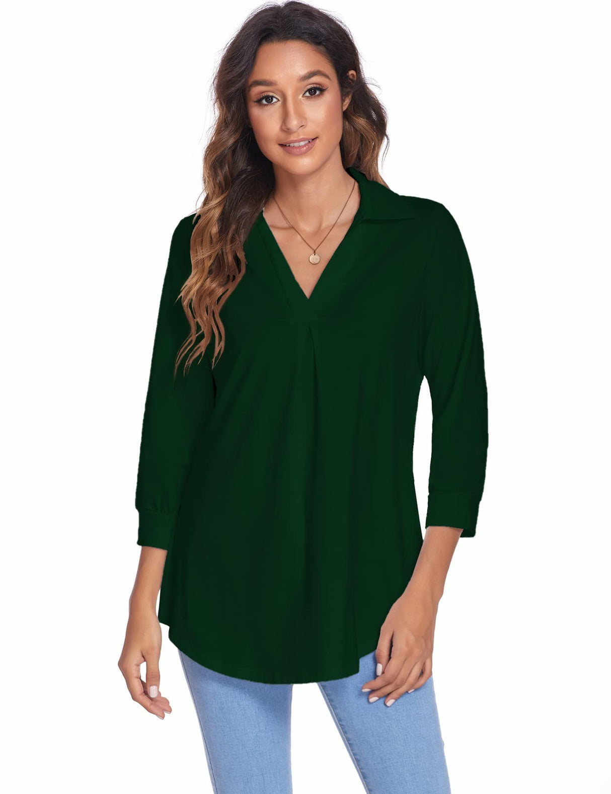 3/4 Sleeve Collared V Neck Tunic Top from MsDressly