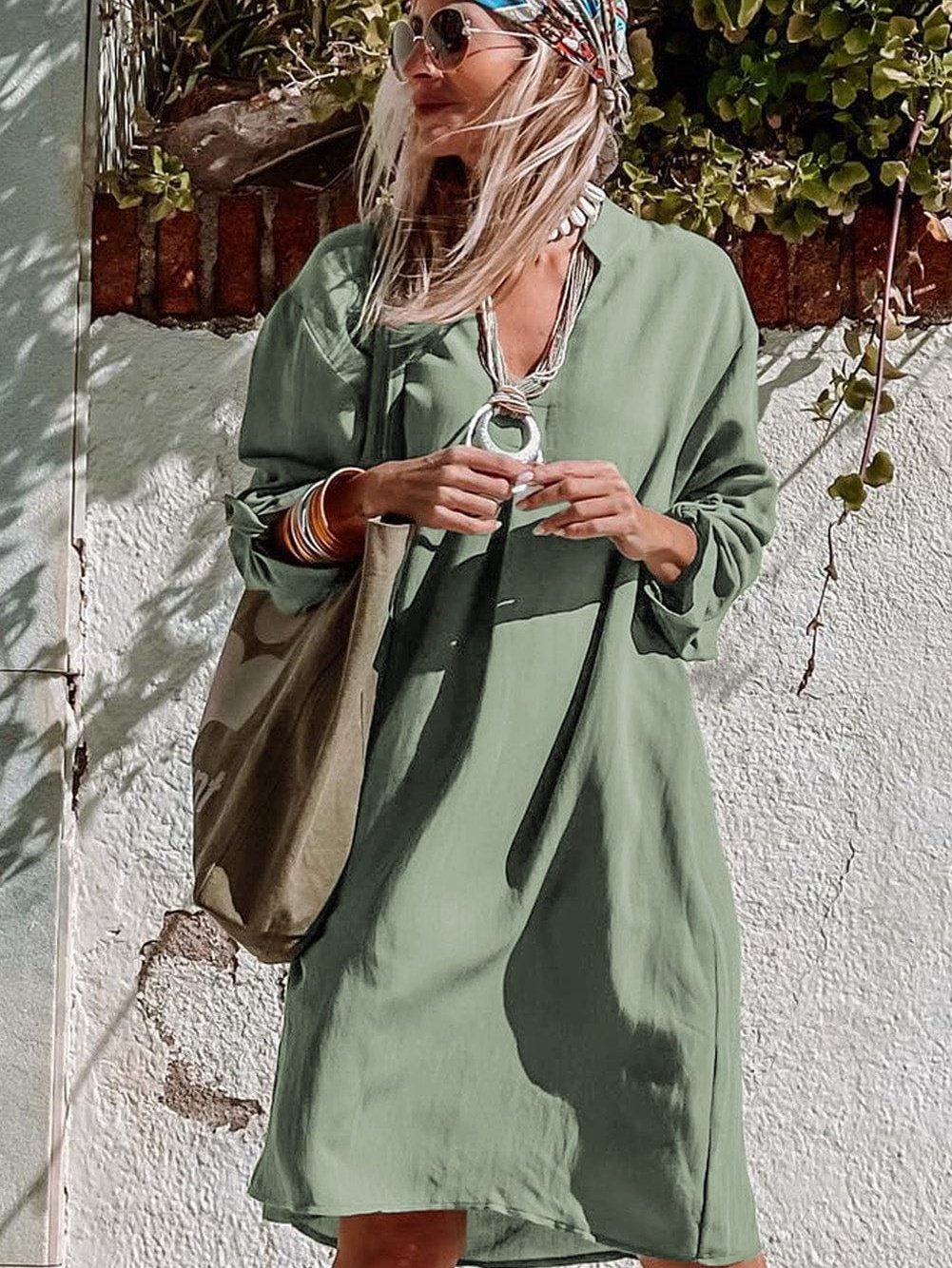 3/4 Sleeve Collared V Neck Tunic Top from MsDressly