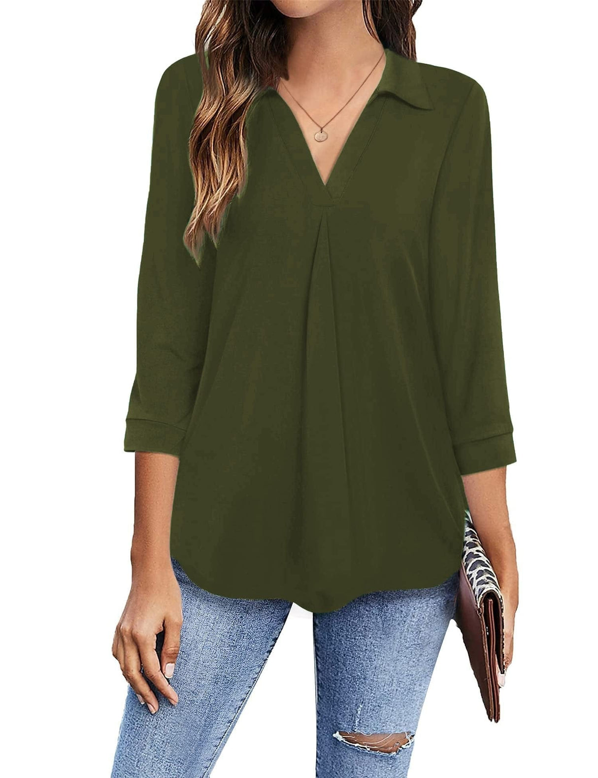 3/4 Sleeve Collared V Neck Tunic Top from MsDressly