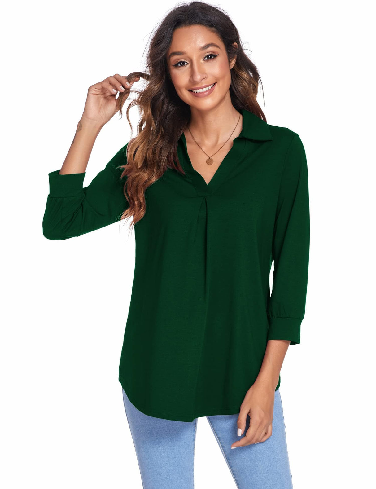 3/4 Sleeve Collared V Neck Tunic Top from MsDressly