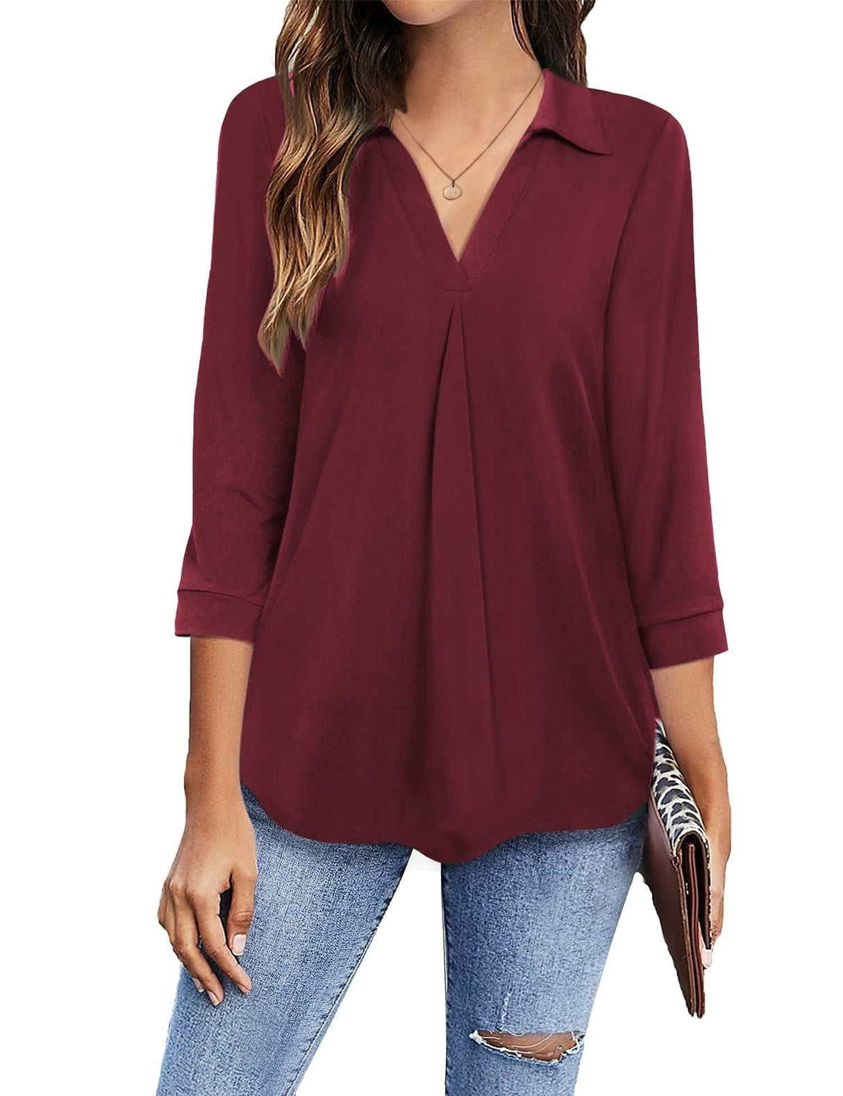 3/4 Sleeve Collared V Neck Tunic Top from MsDressly