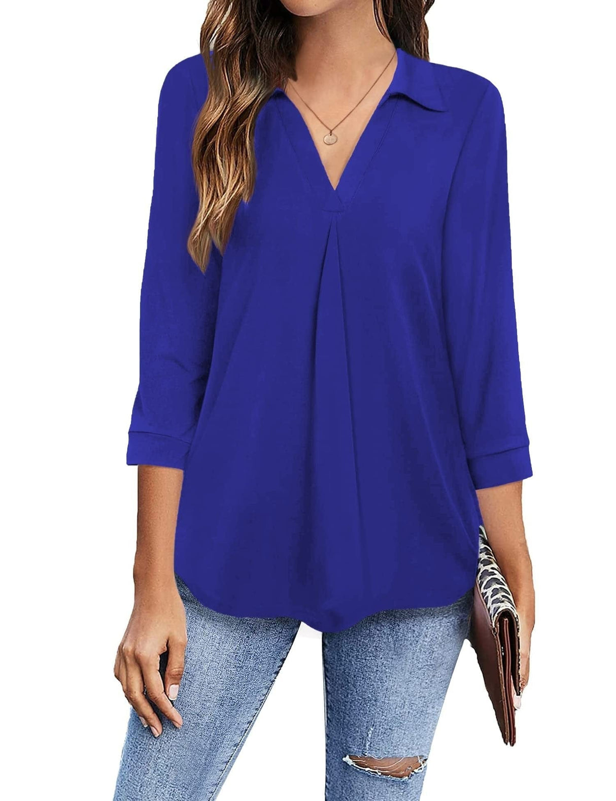 3/4 Sleeve Collared V Neck Tunic Top from MsDressly