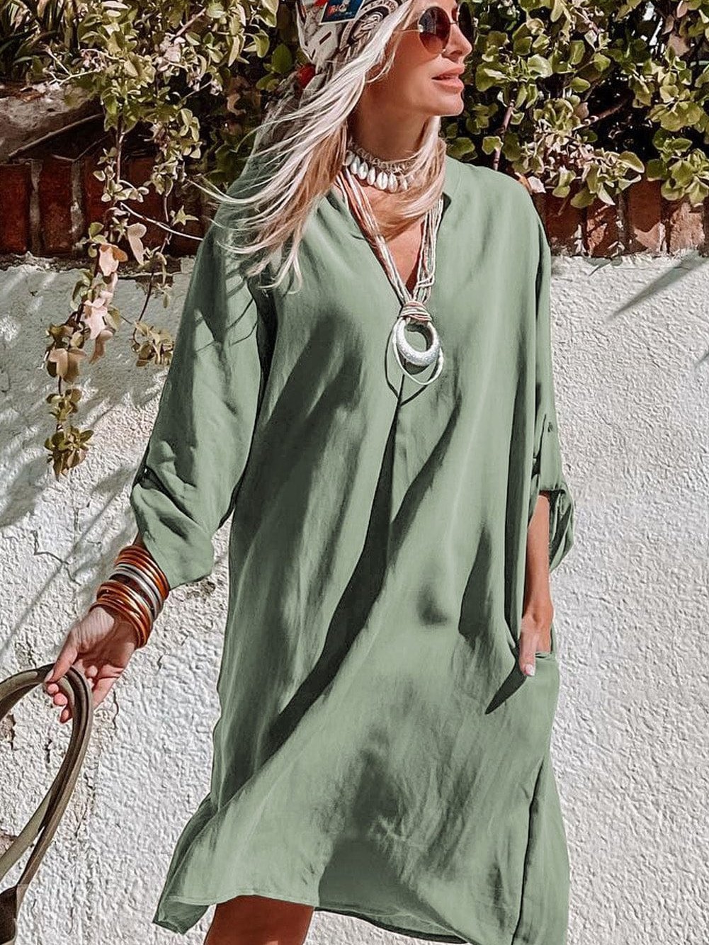3/4 Sleeve Collared V Neck Tunic Top from MsDressly