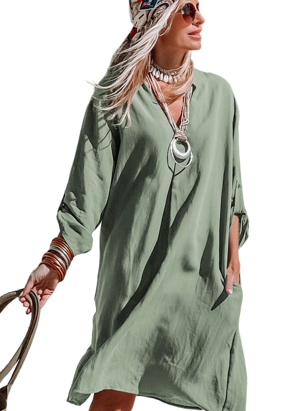 3/4 Sleeve Collared V Neck Tunic Top from MsDressly