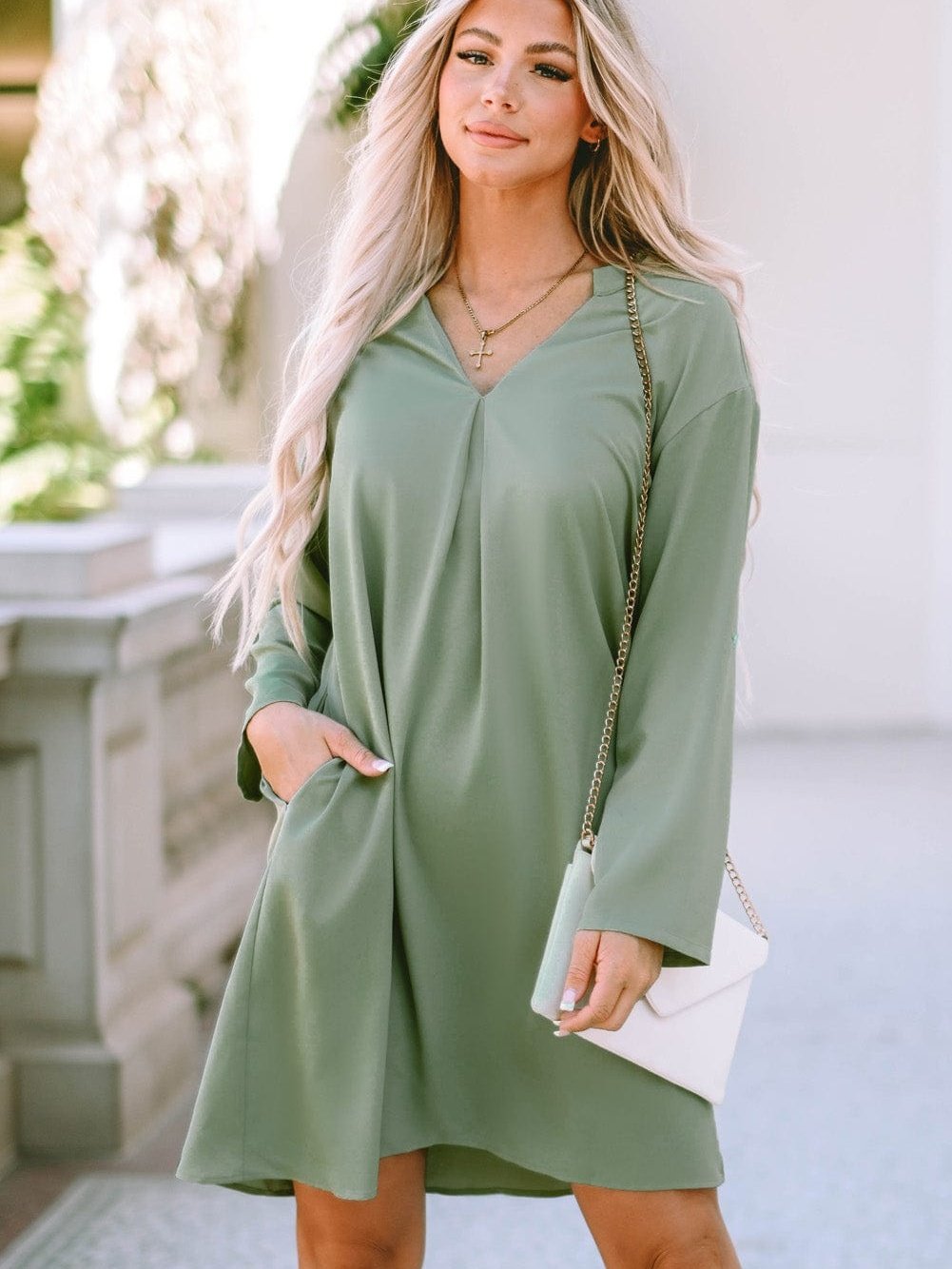 3/4 Sleeve Collared V Neck Tunic Top from MsDressly