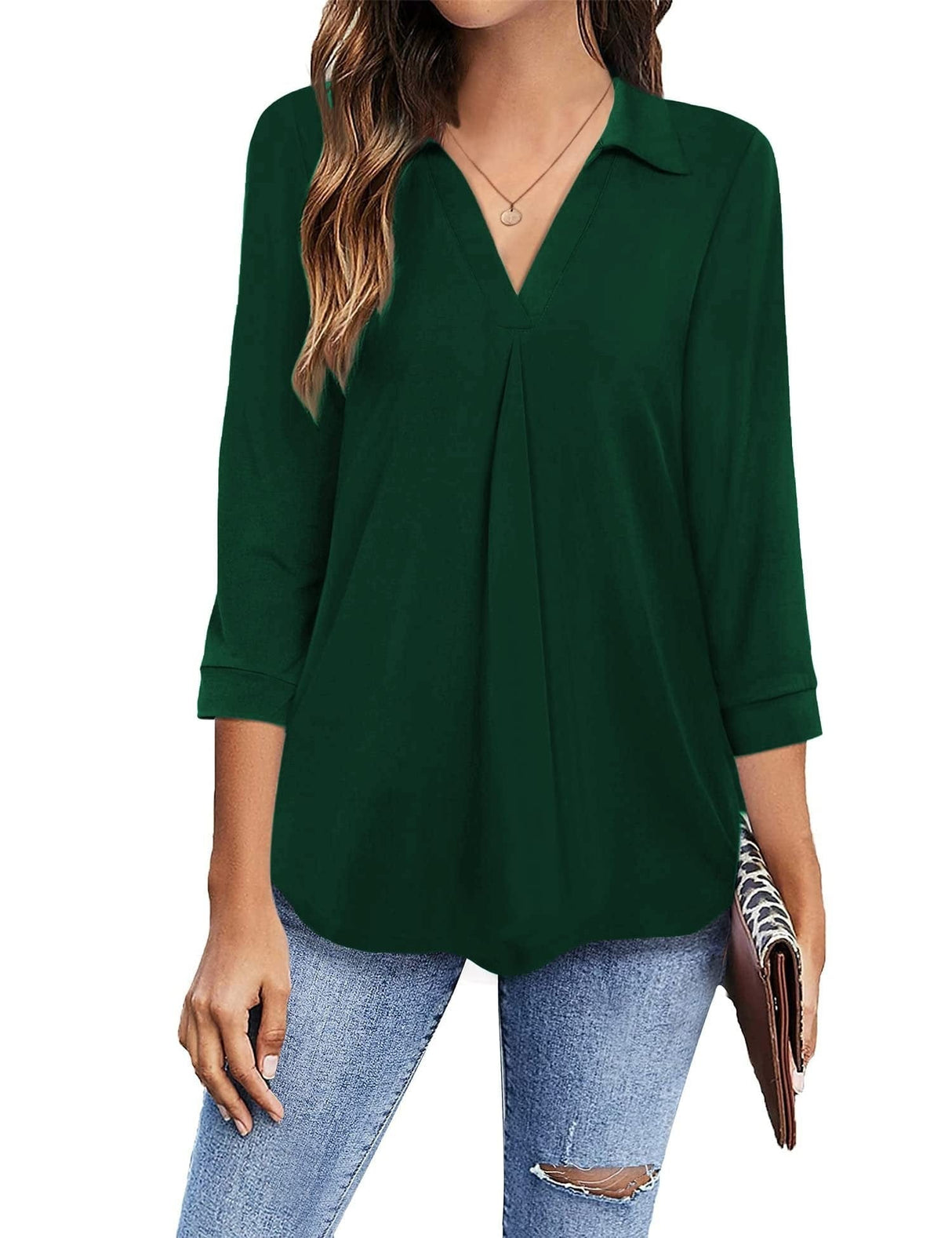 3/4 Sleeve Collared V Neck Tunic Top from MsDressly