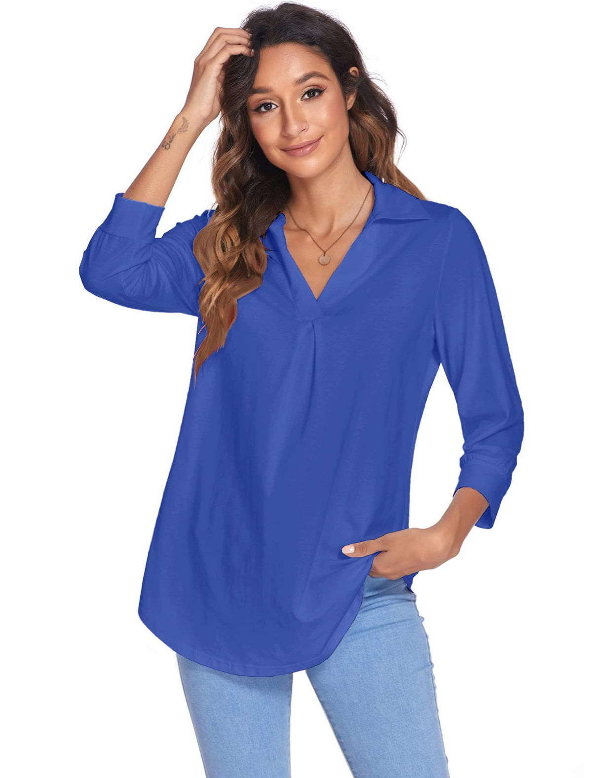 3/4 Sleeve Collared V Neck Tunic Top from MsDressly