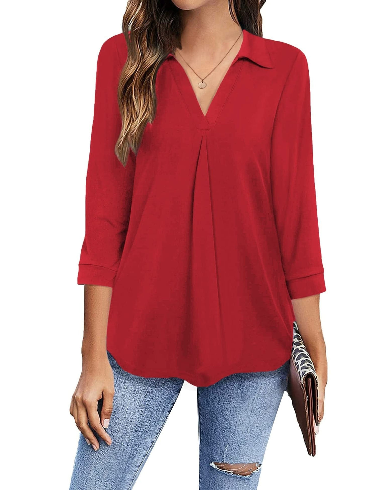 3/4 Sleeve Collared V Neck Tunic Top from MsDressly