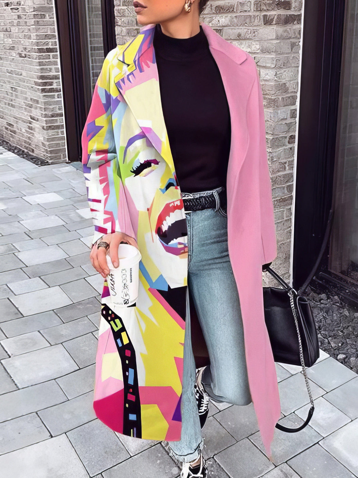 Chic Printed Lapel Woolen Coat with Unique Stitching from MsDressly