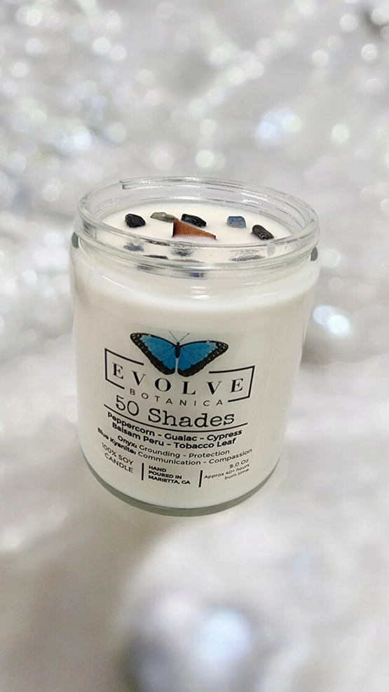 Classic 9oz Jam Jar Crystal Soy Candle - 50 Shades (Onyx & Blue Kyanite) from Evolve Botanica